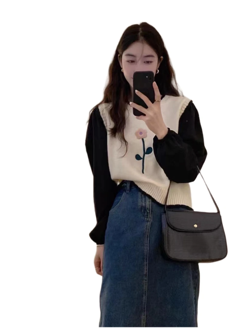 一朵花假两件套头针织衫