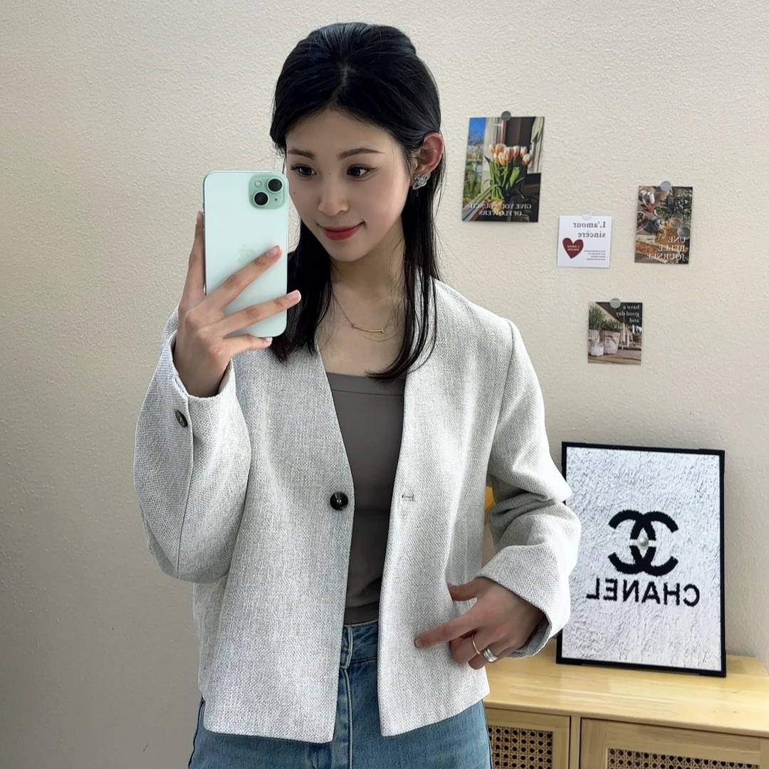 春季气质时尚百搭一粒扣无领西服休闲外套上衣女外套春秋短款韩版