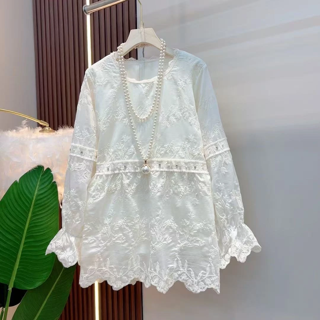 赢小姐·冬季女新款胖妹妹显瘦百搭长袖圆领花边重工艺大码上衣潮