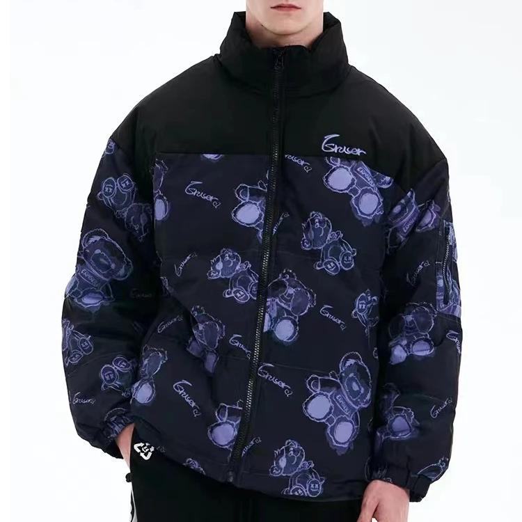 90冬季情侣潮牌小熊拼接立领羽绒服加厚保暖外套2533