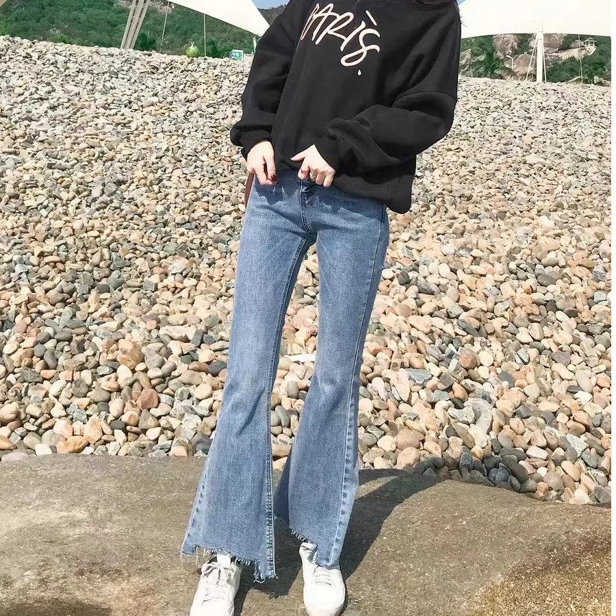 高腰微喇牛仔裤女九分2024新款韩版修身长裤chic显瘦喇叭裤潮A8-6