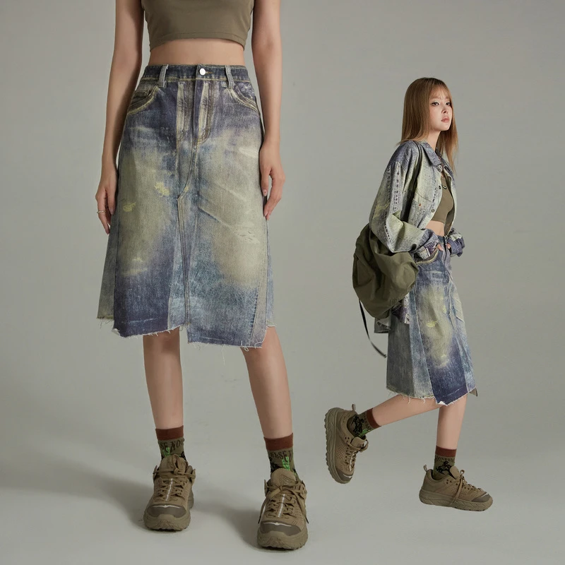 NO ONE ELSE美式复古女装水洗高腰不规则毛边牛仔裙子秋冬半身裙
