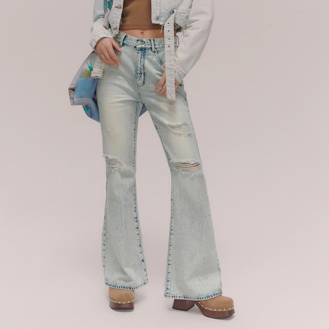 NO ONE ELSE美式复古女装夏季显瘦浅色修身长裤子破洞微喇牛仔裤