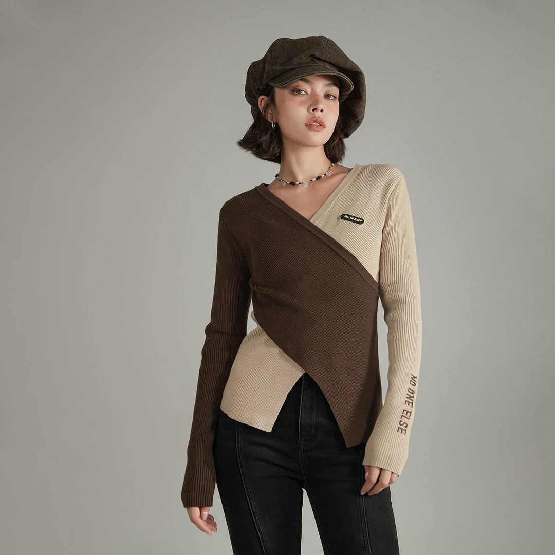 【陈紫函】NO ONE ELSE美式复古女装琥珀流光秋季拼接长袖针织衫