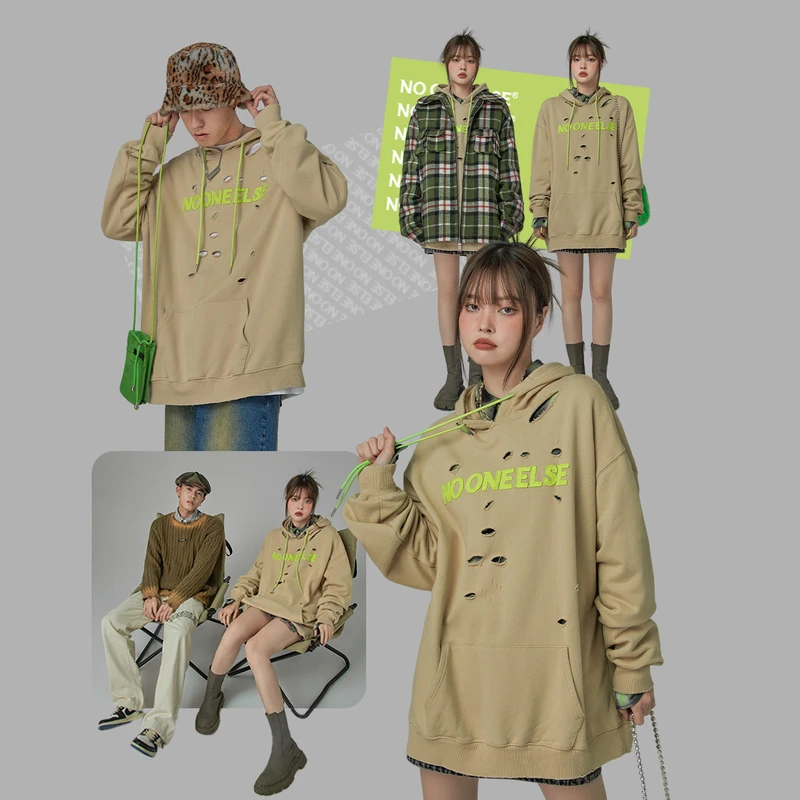 NO ONE ELSE美式复古女装情侣夏季连帽印花宽松做旧字母破洞卫衣