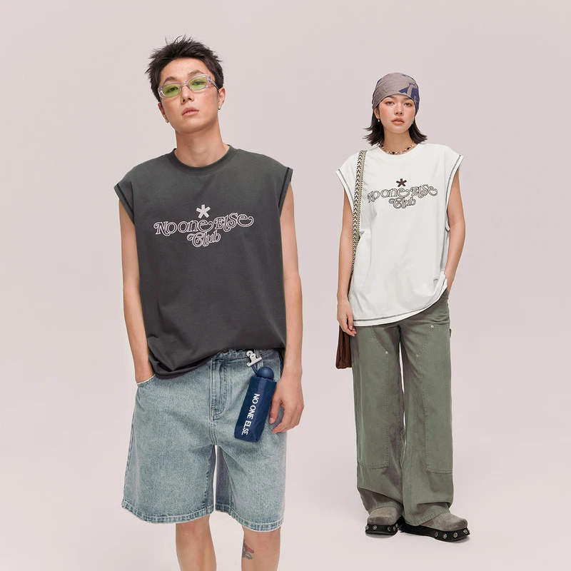NO ONE ELSE美式复古女装夏季字母男女街头风宽松无袖上衣背心
