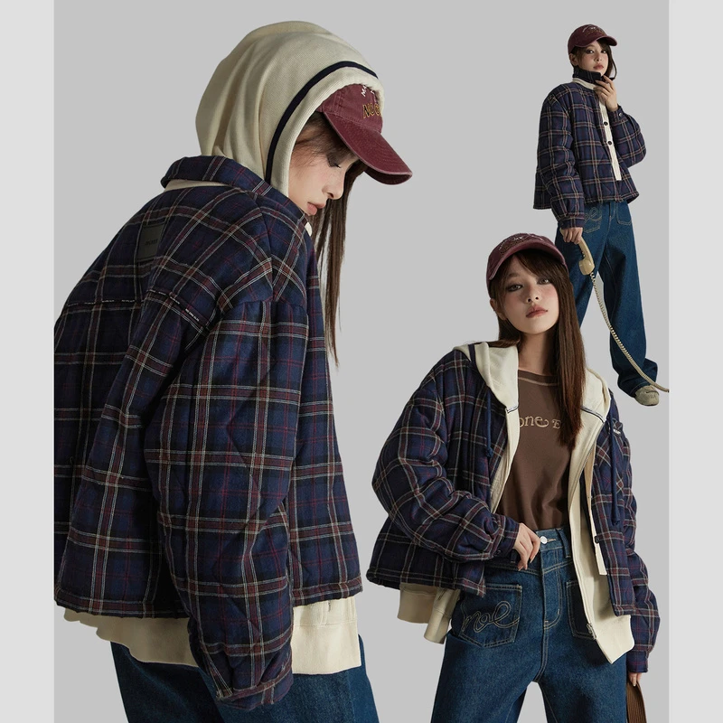 NO ONE ELSE美式复古女装防寒宽松冬季短外套格子衬衫夹克棉服