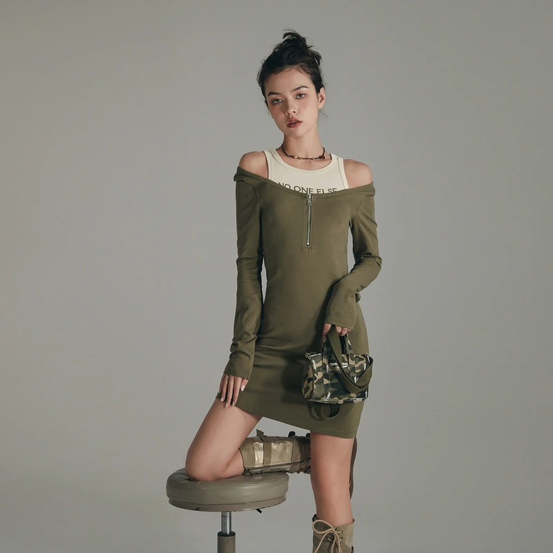 NO ONE ELSE秋季女装美式复古学院风拼接印花长袖小众撞色连衣裙