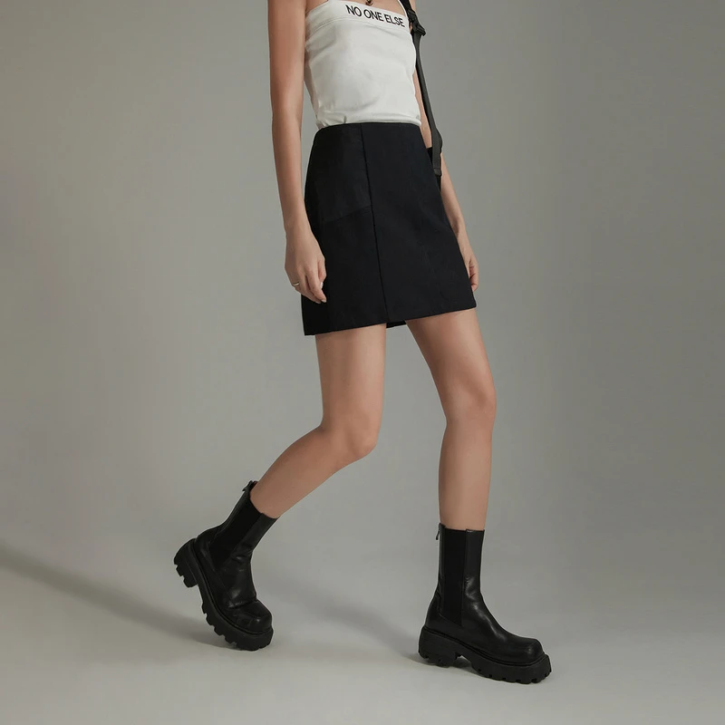 NO ONE ELSE秋季女装美式复古学院风拼接百搭高腰显瘦A字半身裙