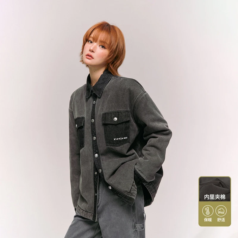 NO ONE ELSE美式复古女装男女冬季绣花衬衫棉衣外套撞色拼接棉服