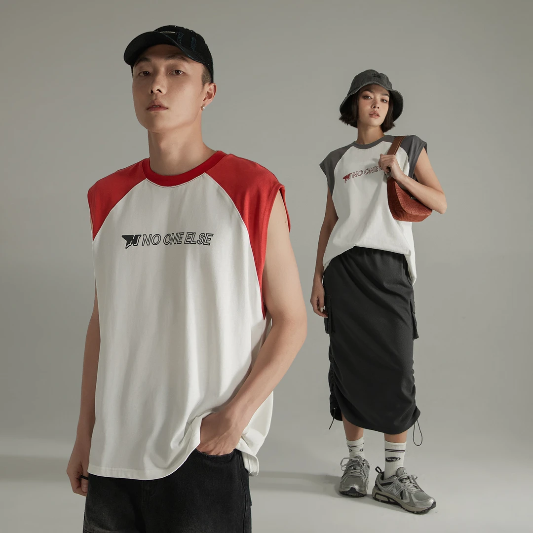 NO ONE ELSE女装美式复夏季无袖撞色宽松圆领休闲潮流情侣背心