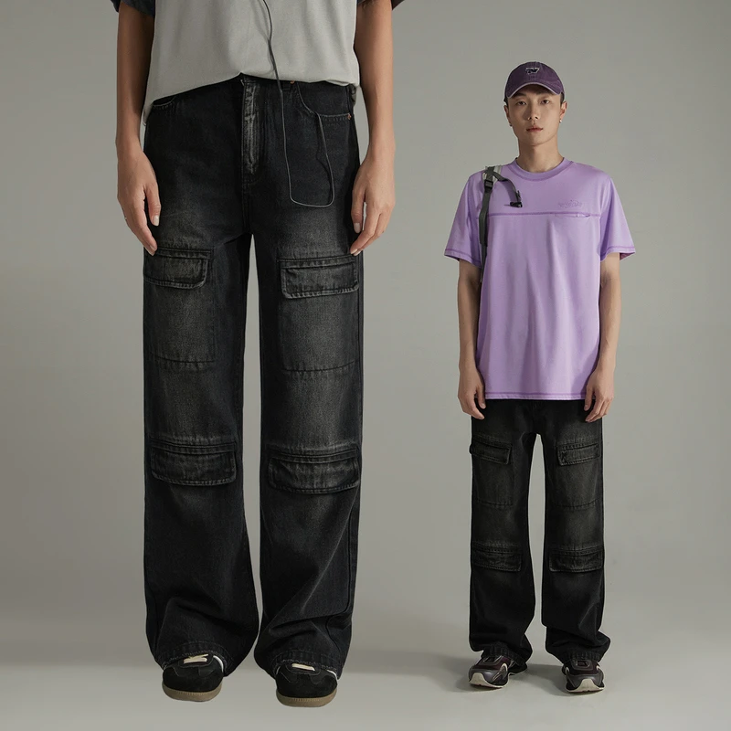 NO ONE ELSE男女秋季美式复古工装直筒宽松水洗高腰情侣牛仔裤