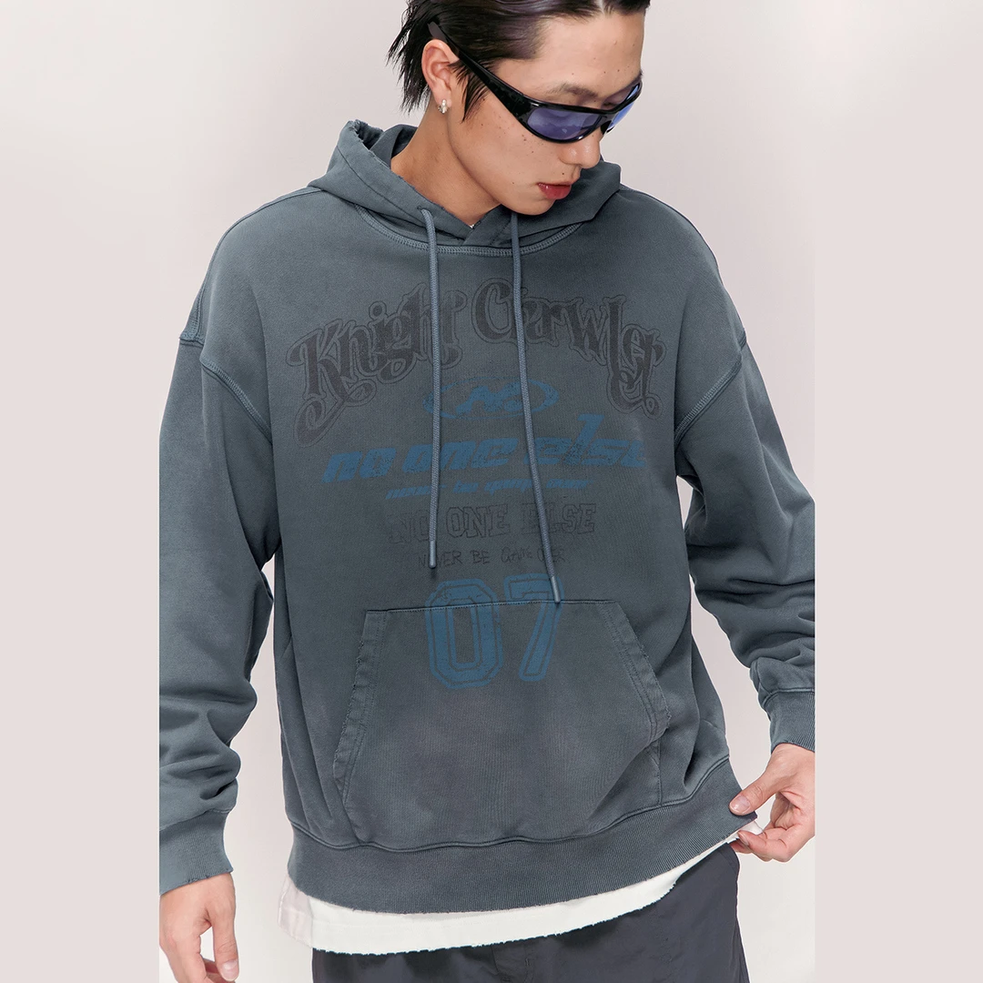 NO ONE ELSE美式复古女装男女冬季抽绳做旧套头上衣字母连帽卫衣