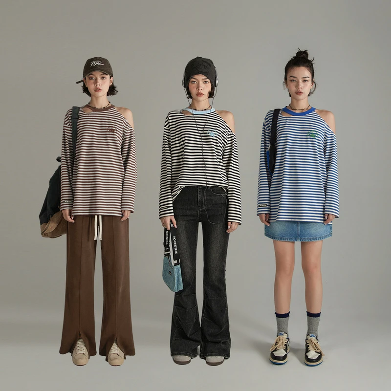 NO ONE ELSE美式复古女装琥珀流光秋季露肩条纹镂空宽松长袖T恤