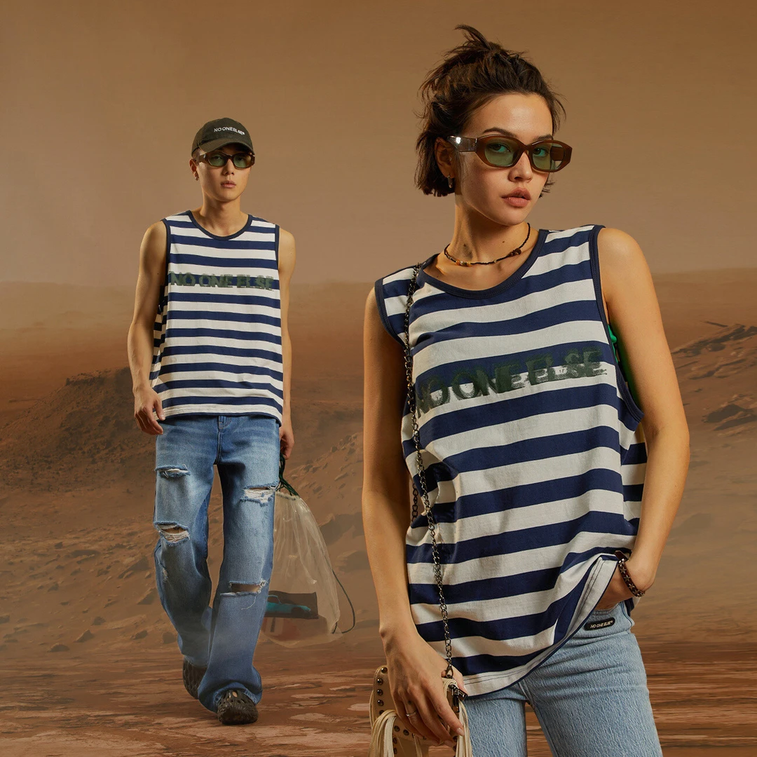 NO ONE ELSE美式复古女装情侣宽松条纹圆领休闲夏季男女无袖背心