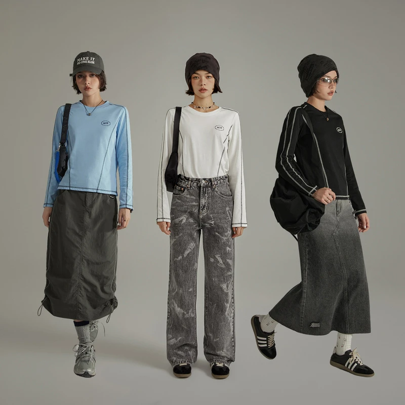 NO ONE ELSE春秋女装美式复古学院风明显撞色修身圆领长袖显瘦T恤