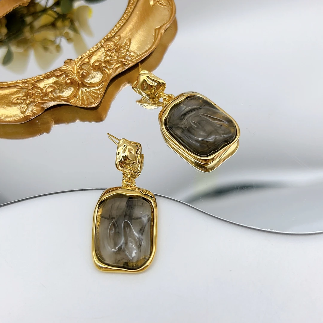 铜合金树脂耳饰 银针 00486 好啊商店 方形耳坠-水墨色