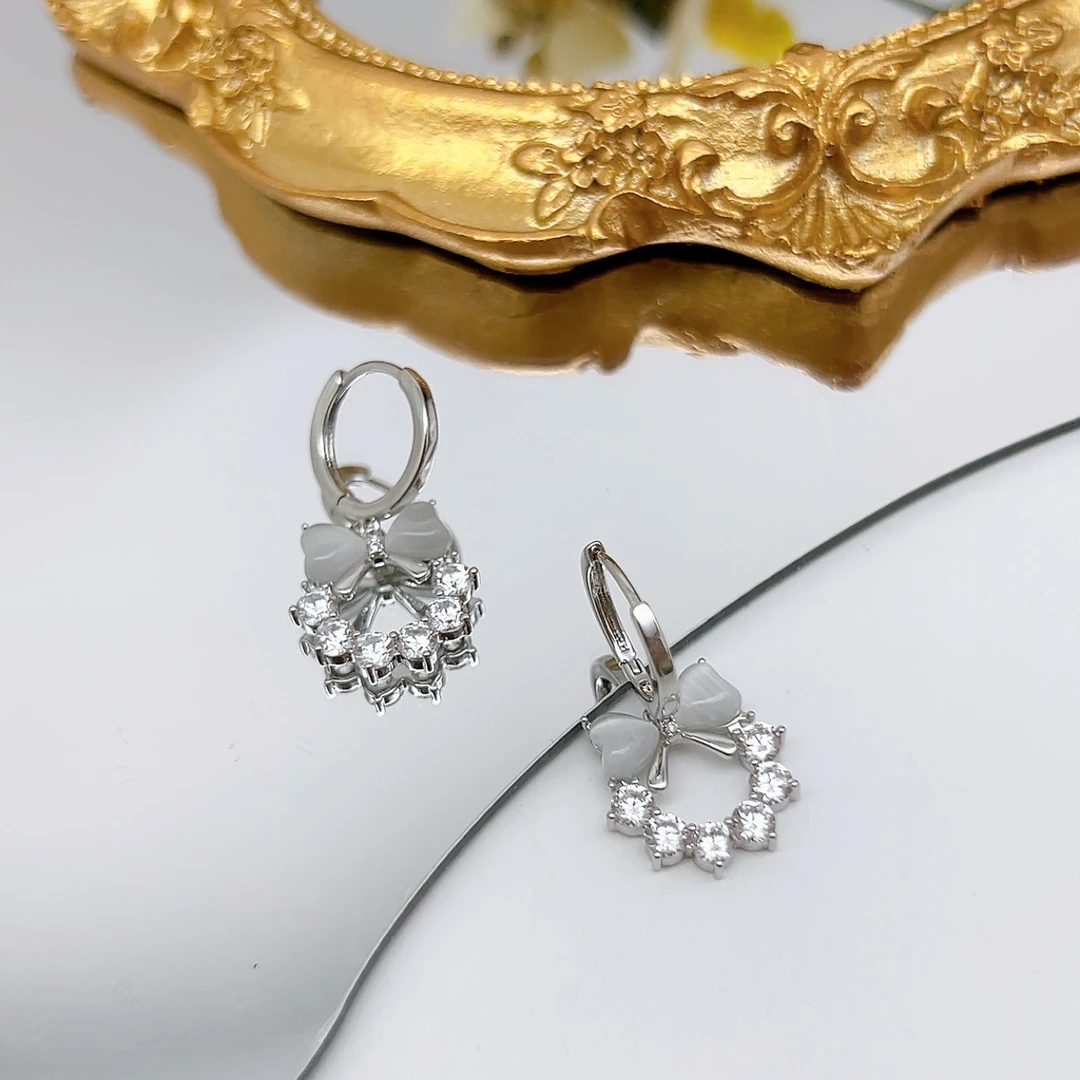 铜合金仿水晶耳饰 00722 HOA 蝴蝶结水J微镶耳扣-银色