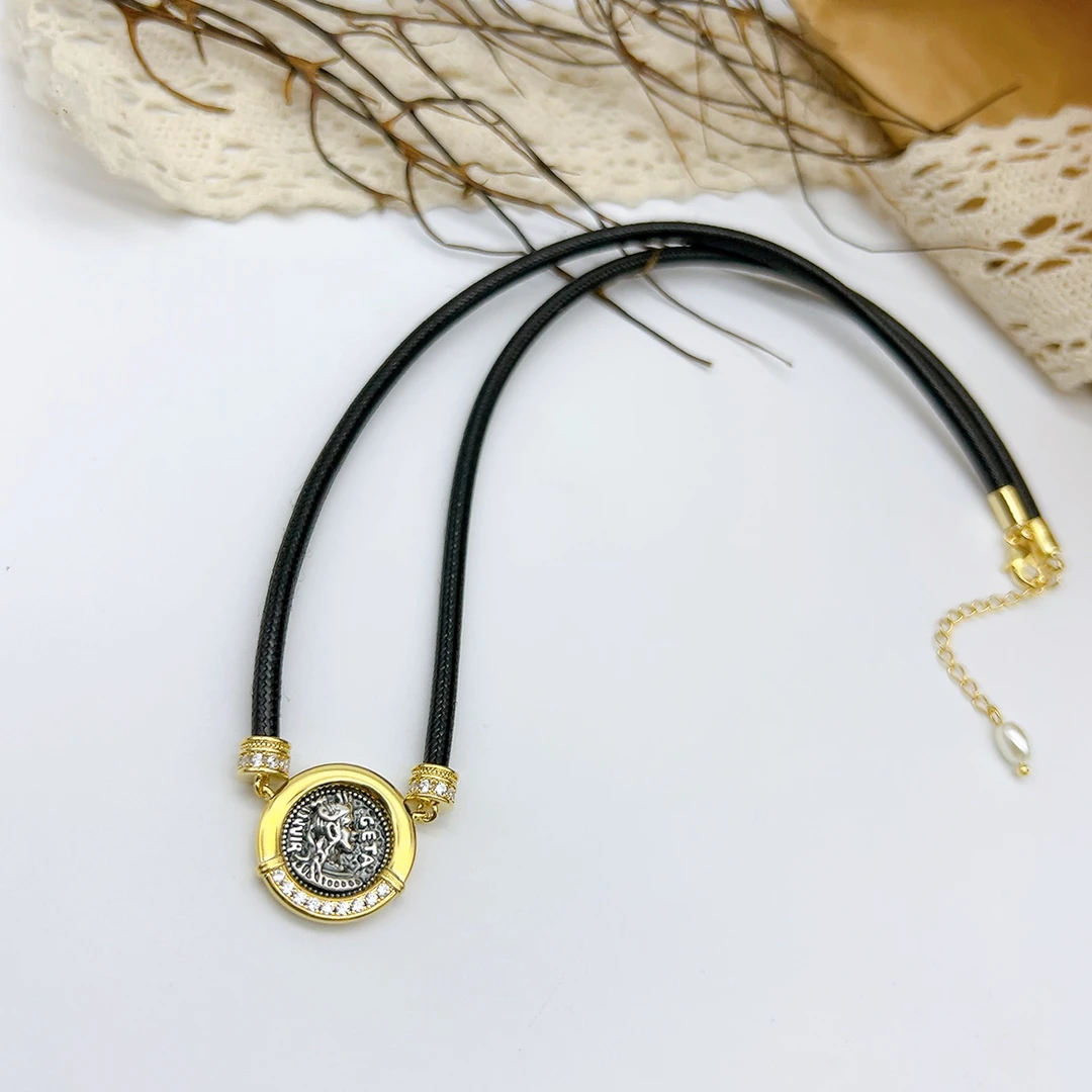铜合金皮质项链 49813 古币浮雕月亮女神双色皮绳项链 约42+5cm