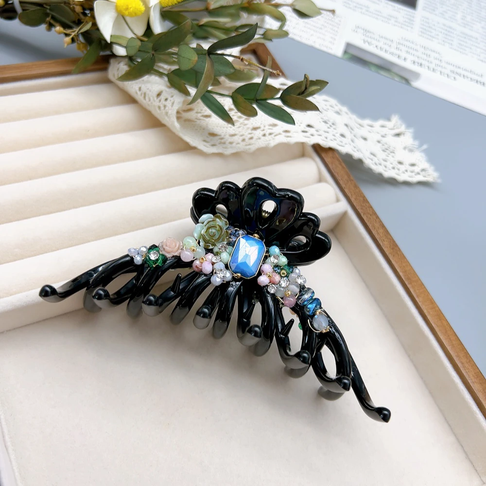 00932 好啊商店 复古玫瑰手工抓夹-宝蓝 底夹10.5cm