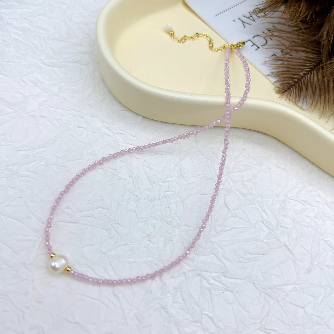 铜合金仿水晶项链 48789 好啊商店 粉水J项链 33+8cm