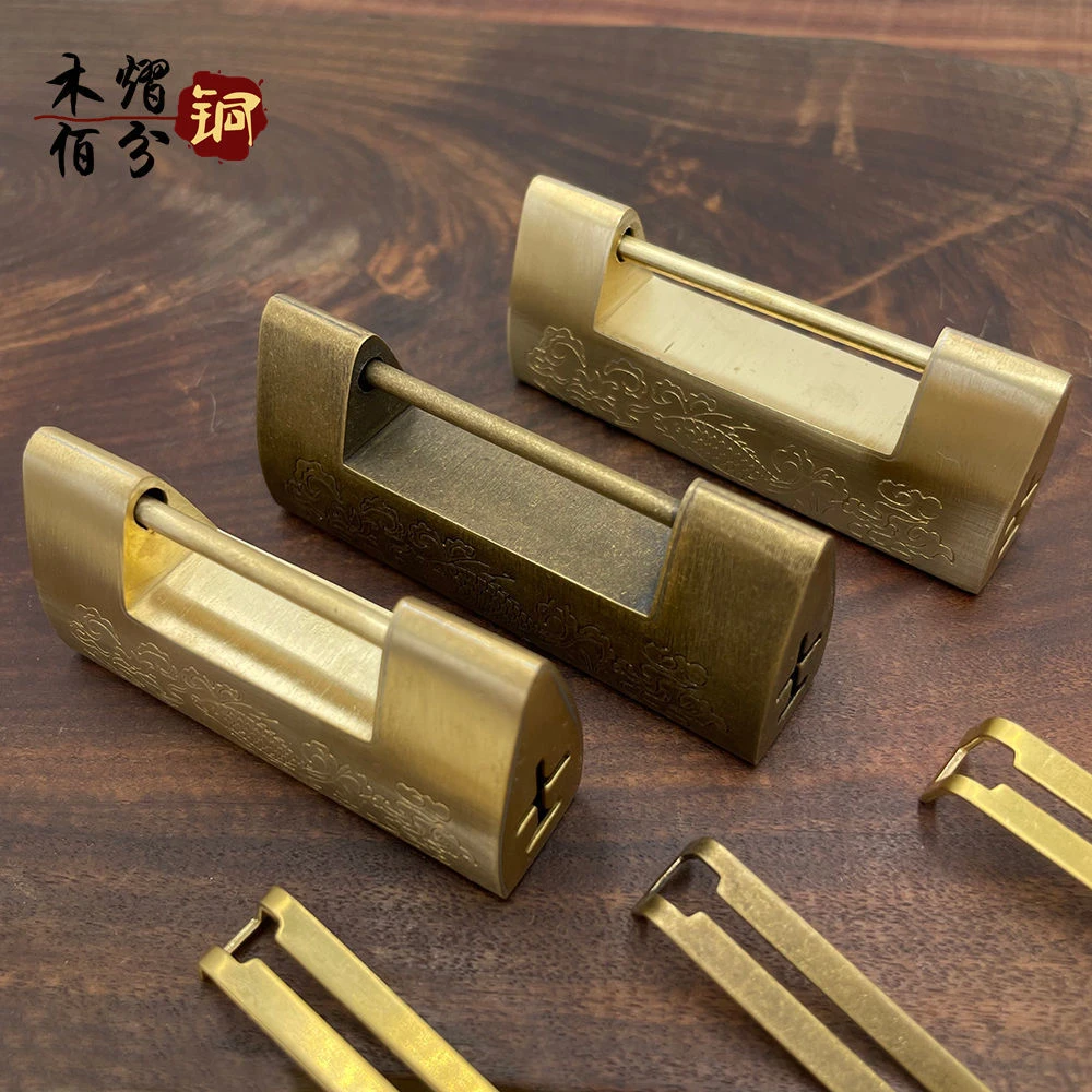 老式黄铜横开挂锁木箱子柜门铜锁复古刻花影视道具锁中式仿古铜锁