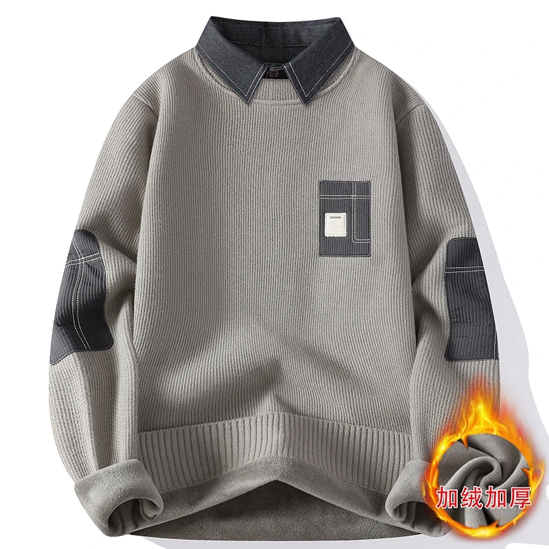 秋冬季学生假两件毛衣男加绒加厚初高青少年衬衫领内搭套头打底衫