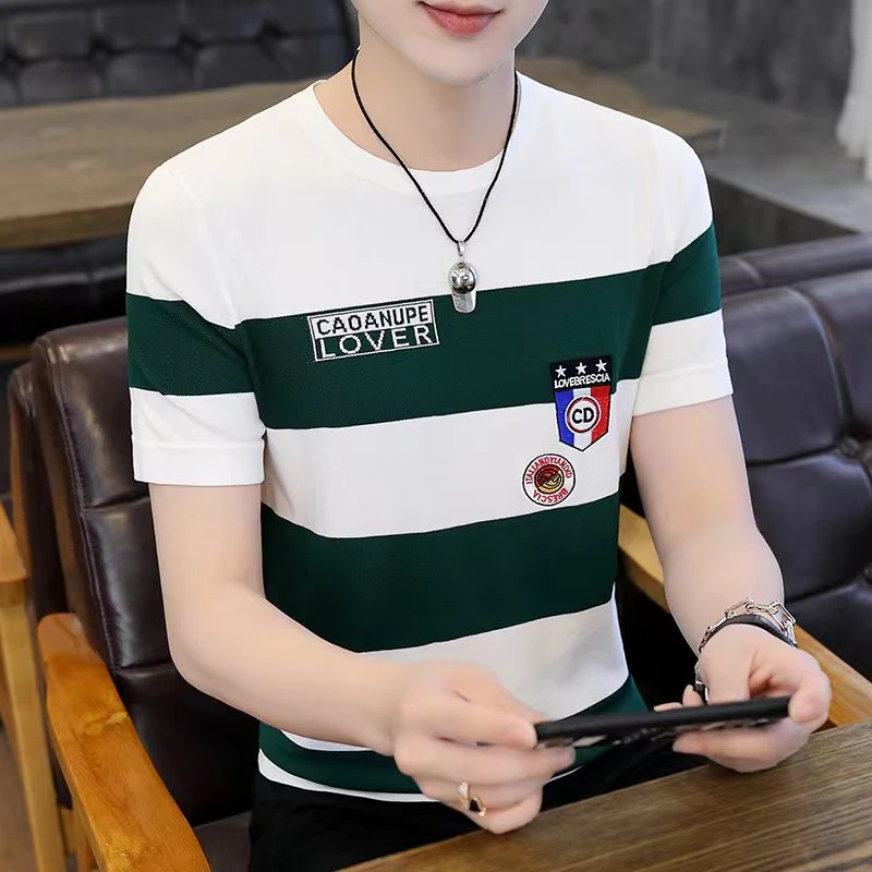 2023新款男士夏季针织短袖条纹休闲修身潮流冰感T恤