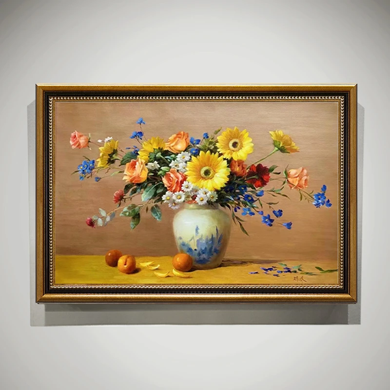 向日葵餐厅装饰画走廊过道手绘油画美式轻奢花卉挂画客厅玄关壁画
