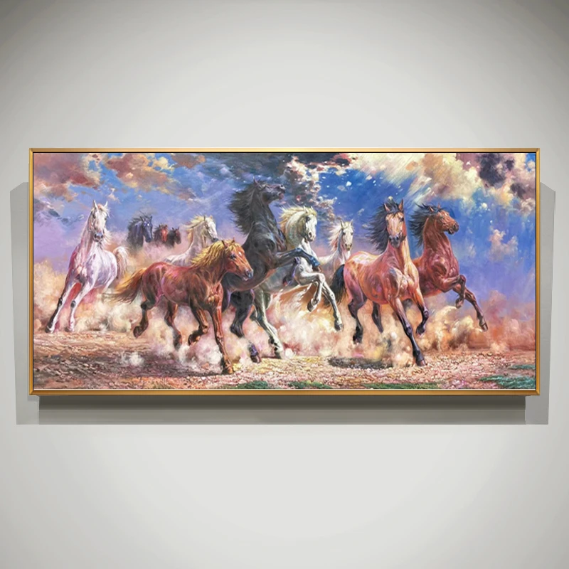 纯手绘油画八骏马动物挂画万马奔腾新中式客厅背景墙装饰画办公室