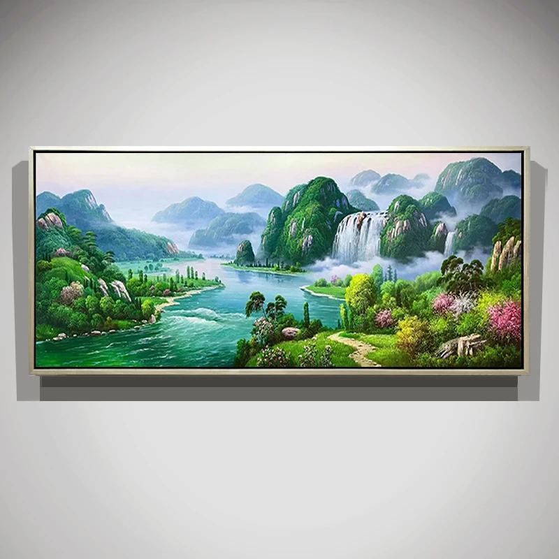 青山聚宝盆客厅装饰画新中式山水风景挂画沙发背景墙壁画手绘油画