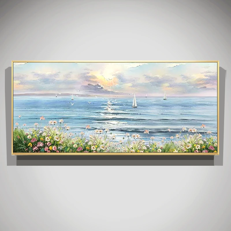 客厅手绘油画现代轻奢沙发背景墙装饰画横幅日出风景一帆风顺挂画