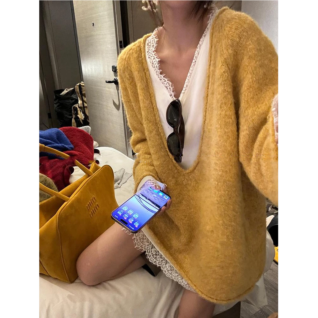 慵懒风套头毛衣女宽松外穿初秋冬季2025新款大V领针织衫上衣