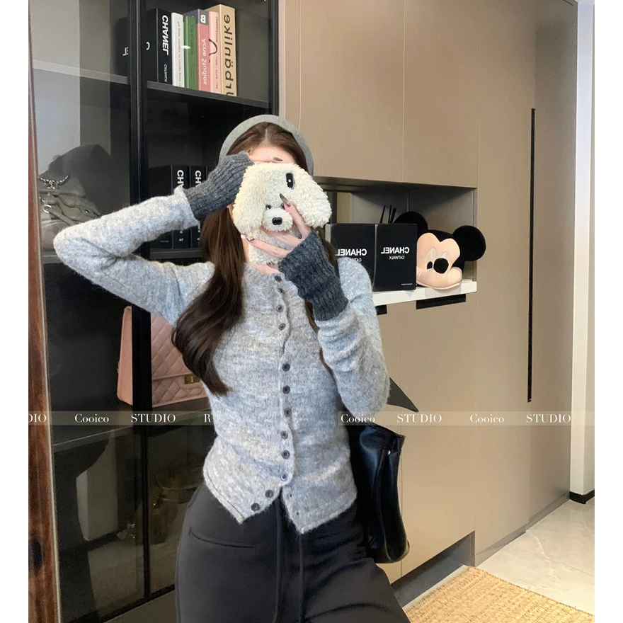 撞色针织衫女春秋季新款软糯开衫毛衣圆领长袖慵懒风上衣