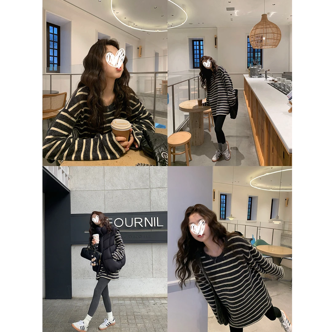 海盐奥利奥 日系海魂条纹衫秋冬保暖慵懒风仿兔毛绒软懦感上衣T恤