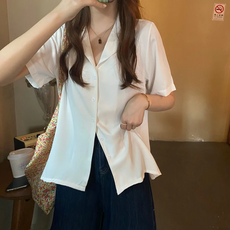夏季新款韩版西装领慵懒温柔宽松8色百搭短袖衬衫