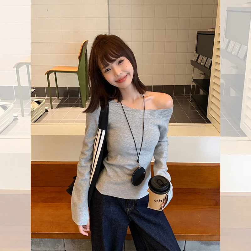 灰色露肩斜肩针织衫女2025秋冬季新款修身显瘦长袖辣妹上衣潮