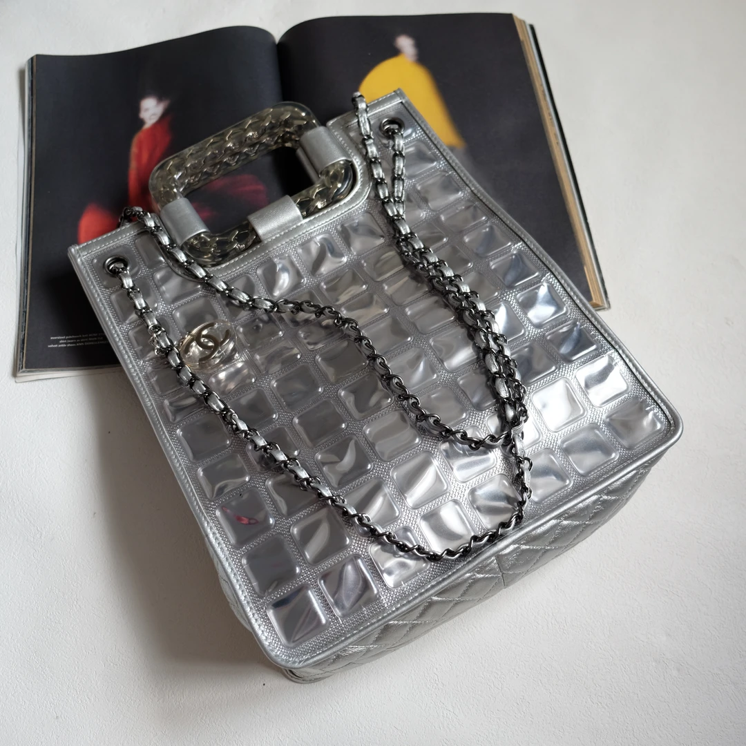 95新 Chanel/香奈儿 辣辣/中古冰格手提单肩斜挎托特包