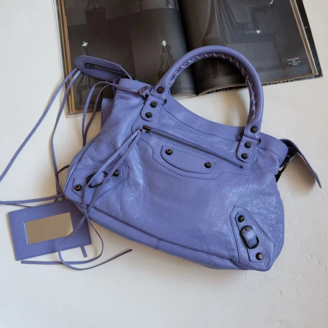 95新 Balenciaga/巴黎世家 辣辣/紫色机车中号单肩斜挎包