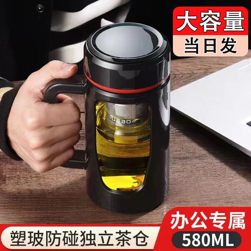 大容量防摔带把手玻璃杯办公室加厚泡茶杯大容量高档茶水分离杯