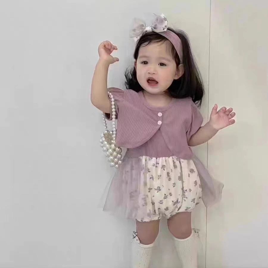 Y【优选】宝宝套装简约吊带纱洋气碎花包屁衣婴儿两件套包屁花边sy
