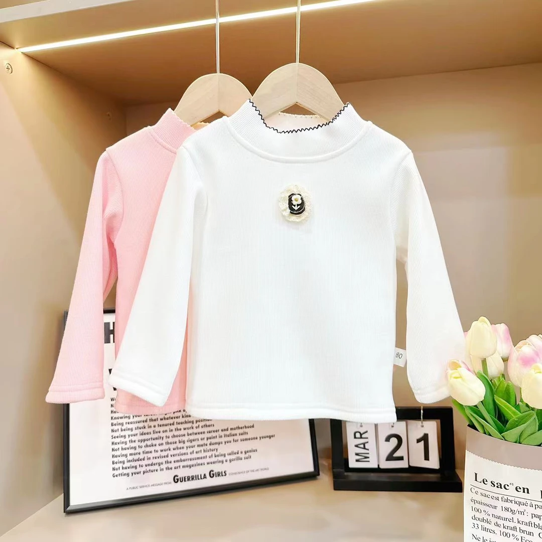 【ZX】2024秋季女童加绒加厚半高领打底衫洋气花朵长袖H-D-D109