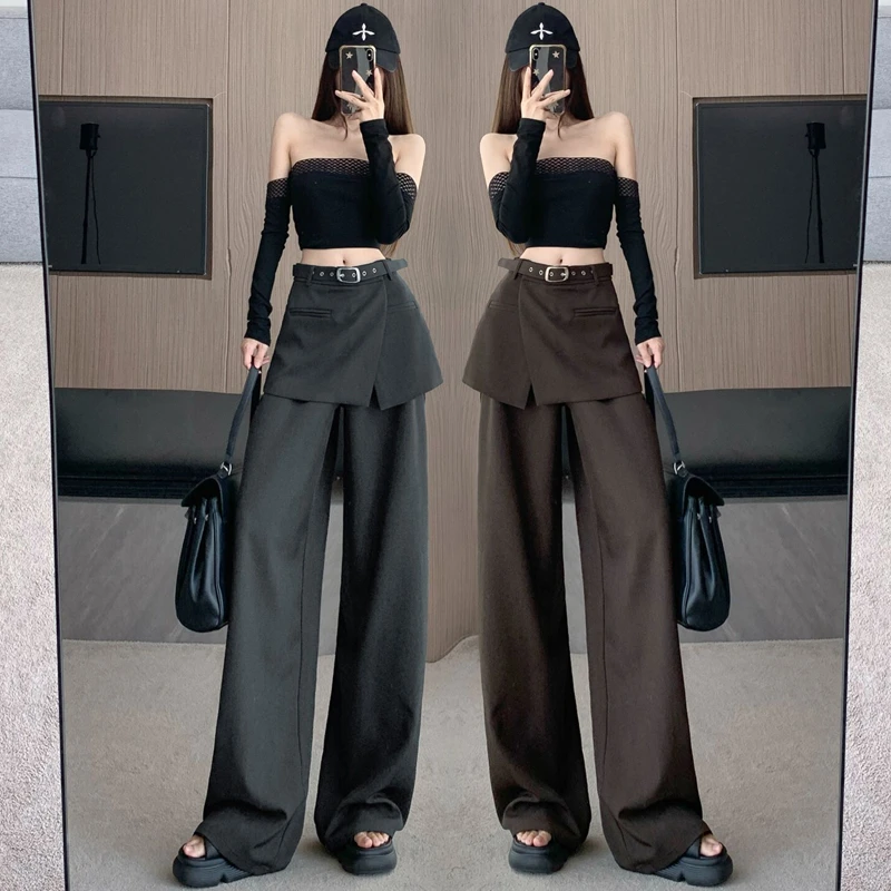 假两件西装阔腿裤女秋季新款设计感围裙裤高腰显瘦百搭拖地直筒裤