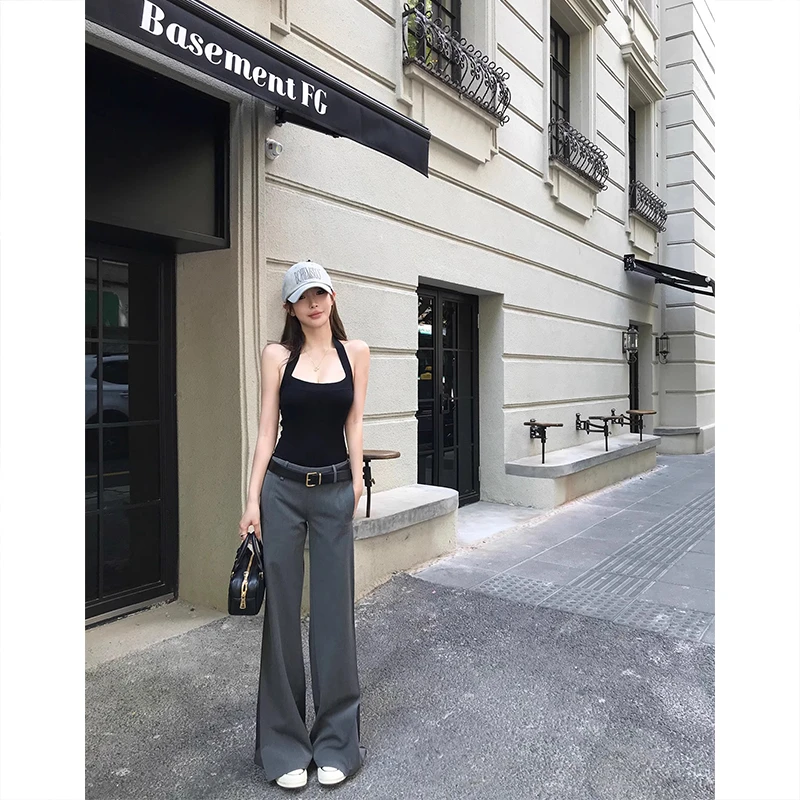 灰色辣妹低腰阔腿西装裤女秋季新款时尚修身显瘦直筒休闲拖地长裤