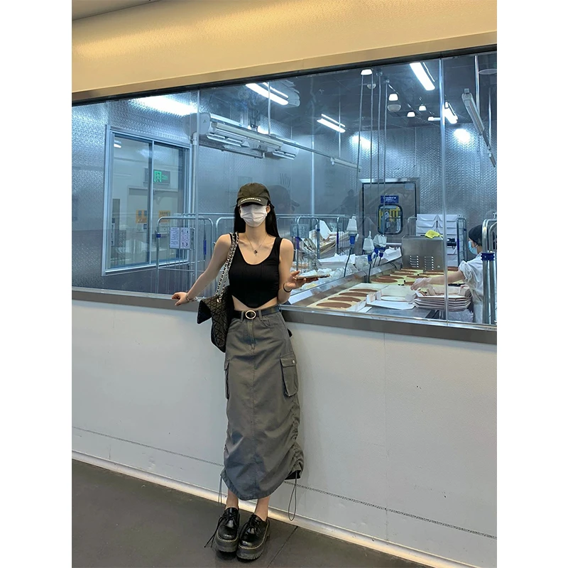 灰色工装口袋半身裙女夏季半裙a字包臀一步裙春秋日系开叉长裙子