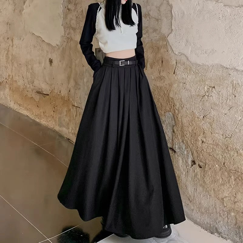 法式黑色高腰垂感半身裙女夏季新款高级感百褶裙A字大摆伞裙长裙