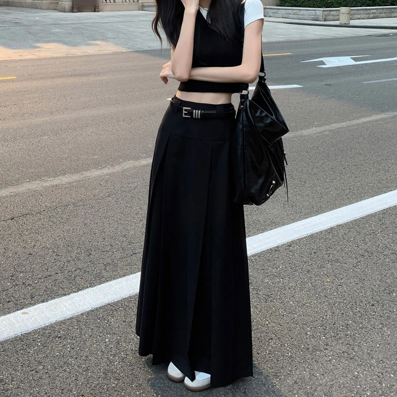 黑色半身裙女2025春夏新款时尚百搭显瘦百褶裙设计感a字西装长裙
