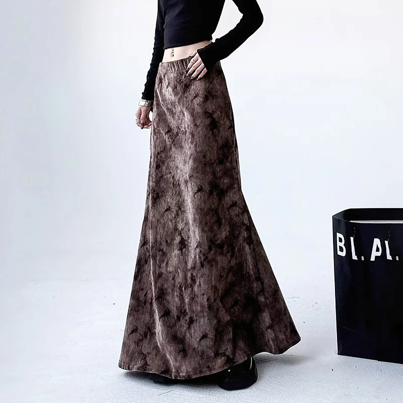 丝绒松紧腰半身裙长裙女秋冬季新款高个子加长裙子高腰显瘦a字裙