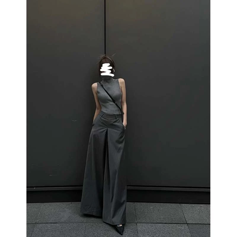 2023春夏新款欧美宽松高腰垂感阔腿裙裤小众设计感显瘦拖地西装裤