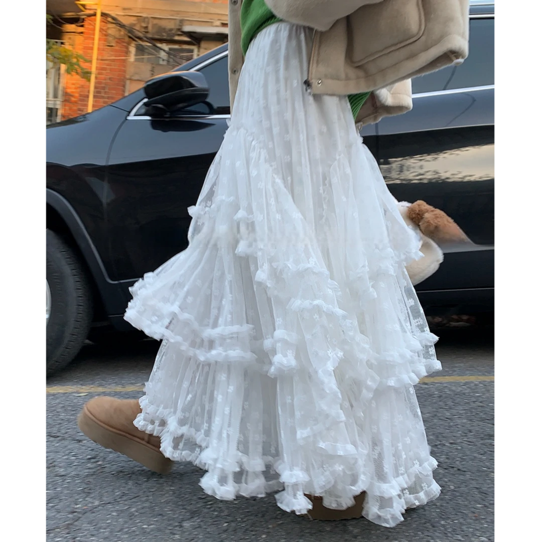 白色蕾丝加绒半身裙女冬季新款设计感甜美公主蓬蓬蛋糕A字长裙